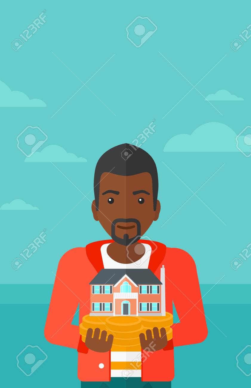 青い海と空ベクトル フラットなデザインのイラストの背景に手で家のモデルを保持しているアフリカ系アメリカ人の男 縦型レイアウト のイラスト素材 ベクタ Image