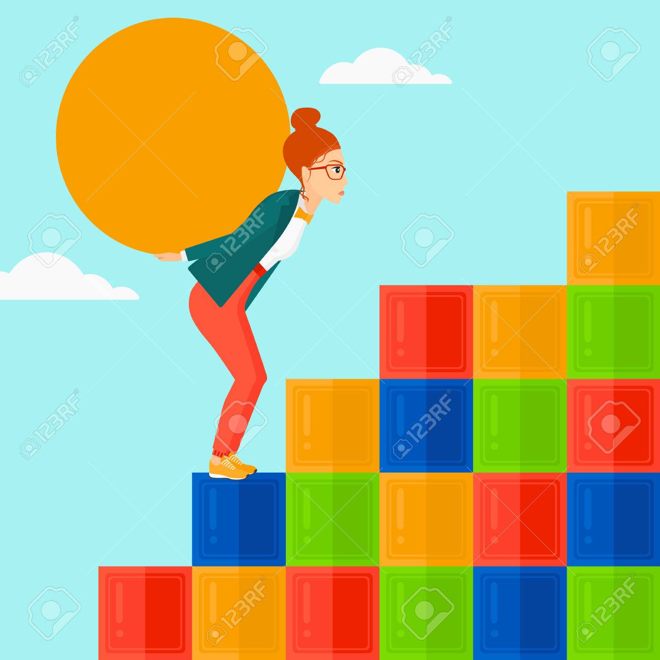 色付きの立方体の立ち上がり青空ベクトル フラットなデザインのイラストの背景に彼女の背中に大きな石を運んで疲れた女性正方形のレイアウト のイラスト素材 ベクタ Image