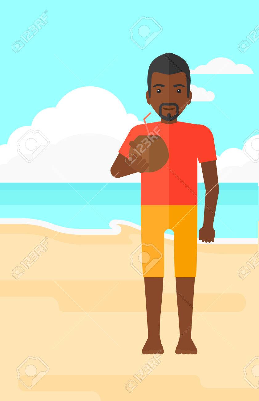 砂浜青い海ベクトル フラットなデザインのイラストの背景にココナッツ ミルクを飲むアフリカ系アメリカ人の男性 縦型レイアウト のイラスト素材 ベクタ Image