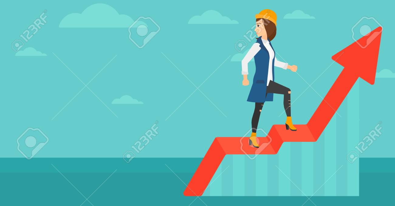 女性蜂起グラフの上に立って 青空ベクトル フラット デザイン イラストのバック グラウンドを見下ろす 水平方向のレイアウト のイラスト素材 ベクタ Image