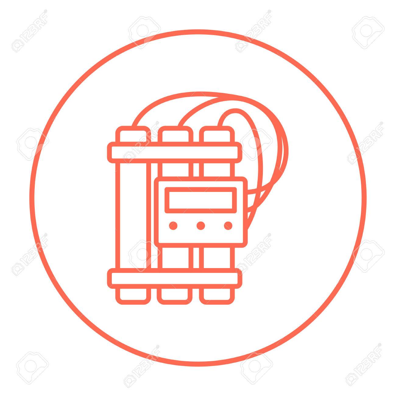 Web モバイル インフォ グラフィックのダイナマイトと雷管行のアイコン 白い背景で隔離サークルのベクトル赤い細い線アイコン のイラスト素材 ベクタ Image