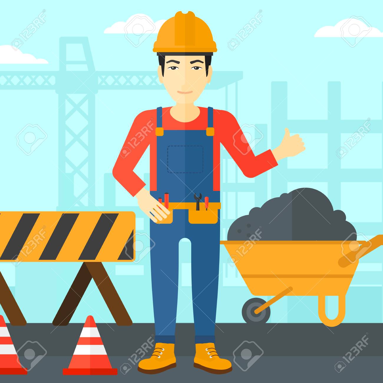 工事用道路の障壁や手押し車ベクトル フラットなデザインのイラストの背景に登録して親指を示すヘルメットのアジア人 正方形のレイアウト のイラスト素材 ベクタ Image 工事用道路の障壁や手押し車ベクトル フラットなデザインのイラストの背景に登録して親指を示すヘルメットのアジア人 正方形のレイアウト のイラスト素材 ベクタ Image