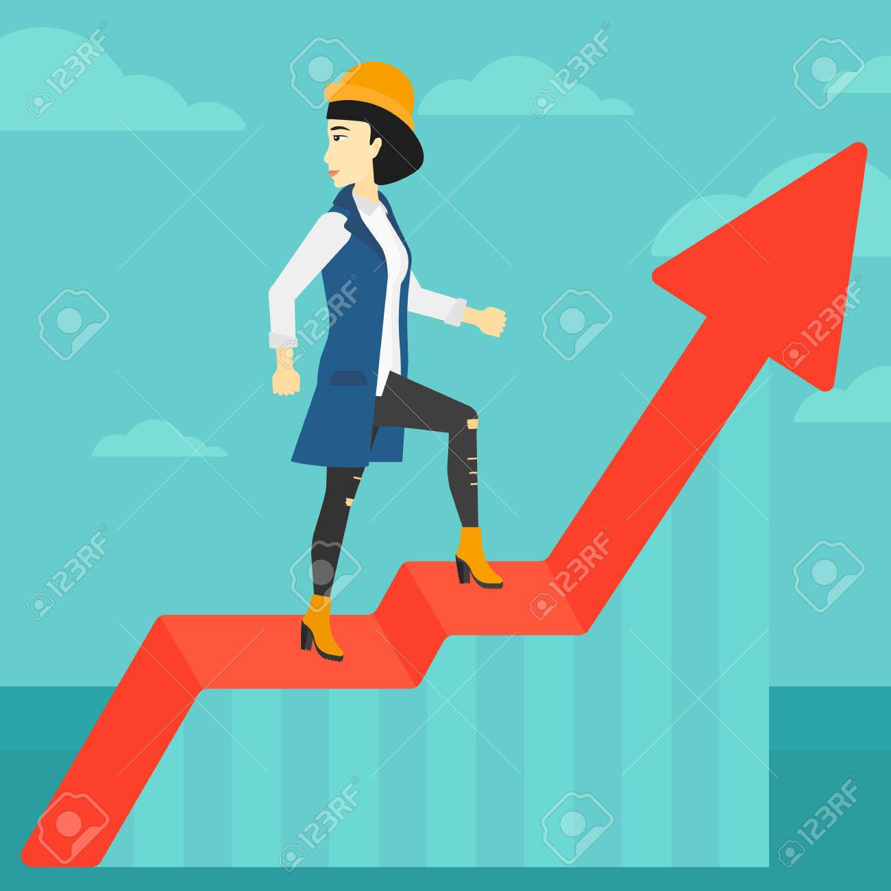 アジアの女性の蜂起グラフの上に立って 青空ベクトル フラット デザイン イラストのバック グラウンドを見下ろす 正方形のレイアウト のイラスト素材 ベクタ Image