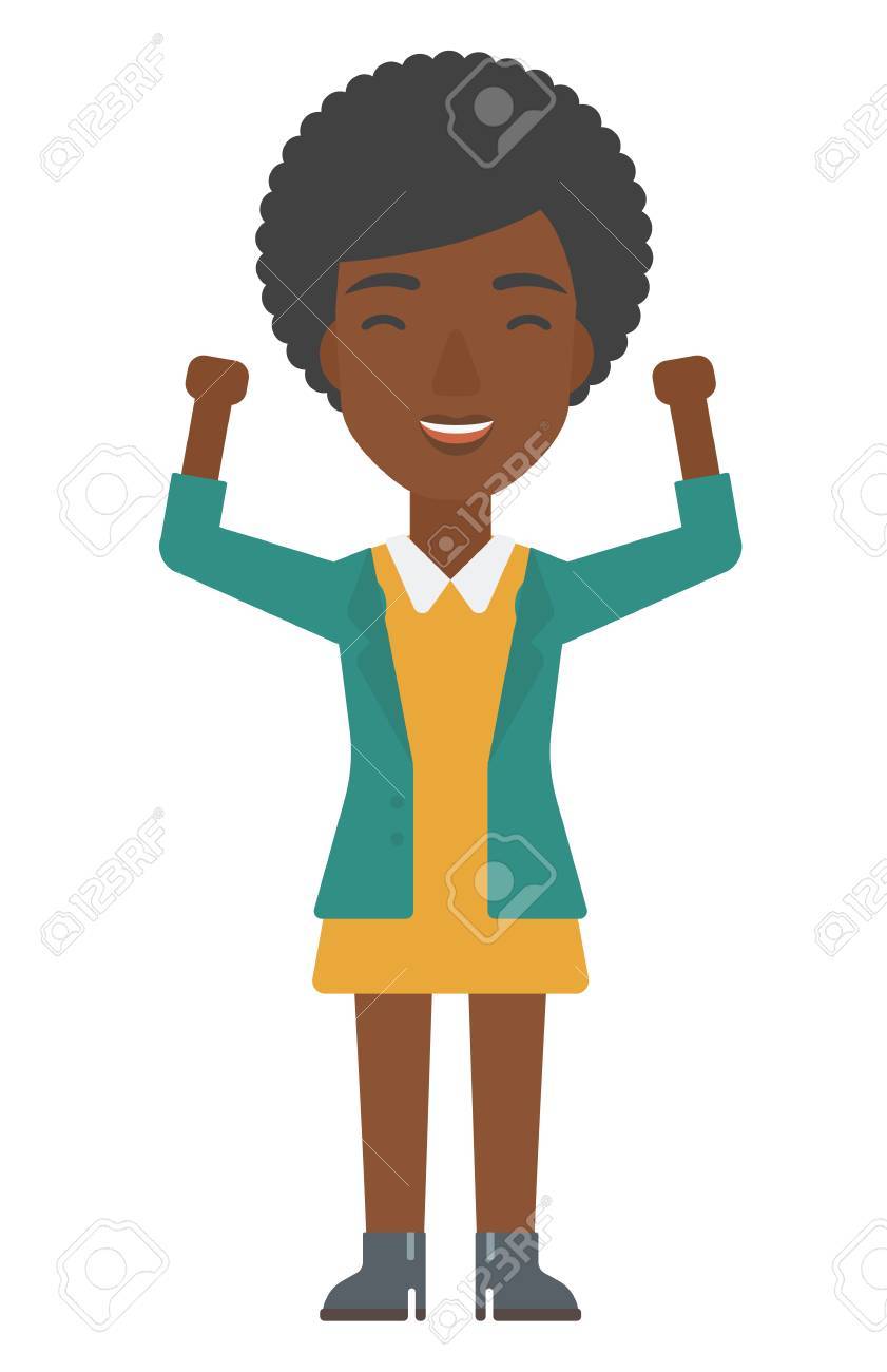 白い背景に分離されたベクトル フラット デザイン イラストを上げられた手とアフリカ系アメリカ人女性 縦型レイアウト のイラスト素材 ベクタ Image