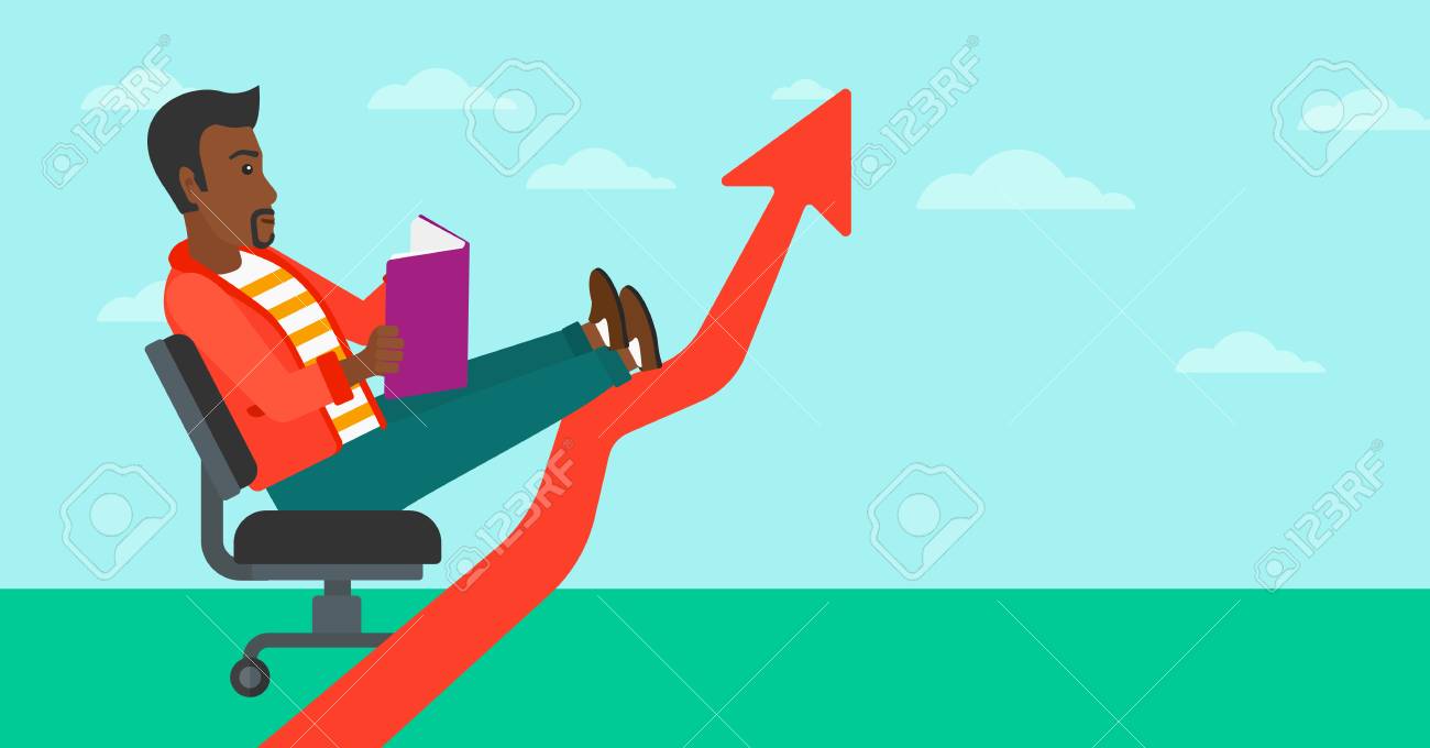 青空ベクトル フラットなデザインのイラストの背景に蜂起 矢印を彼の足 手の中の本で椅子に座っているアフリカ系アメリカ人の男が横たわっていた 水平方向のレイアウト のイラスト素材 ベクタ Image