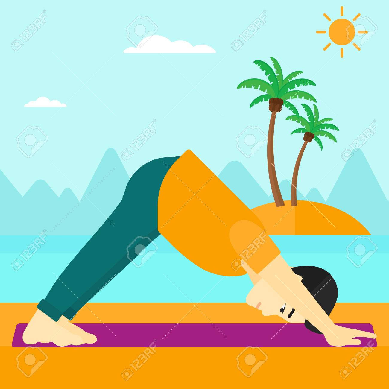 An asian man standing in yoga downward facing dog pose on the.. An asian man standing in yoga downward facing dog pose on the..