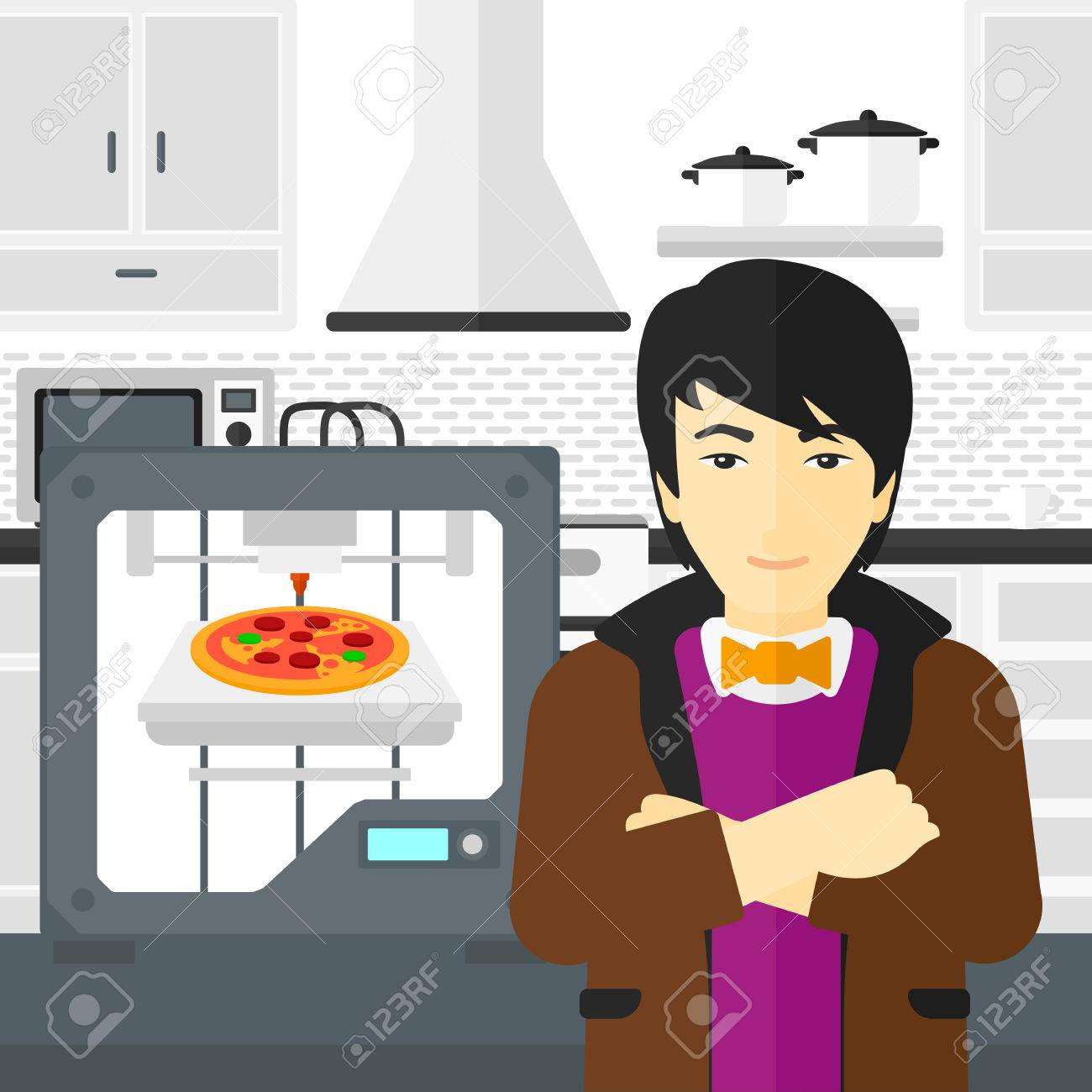 an asian man standing near 3d printer making a pizza on a kitchen