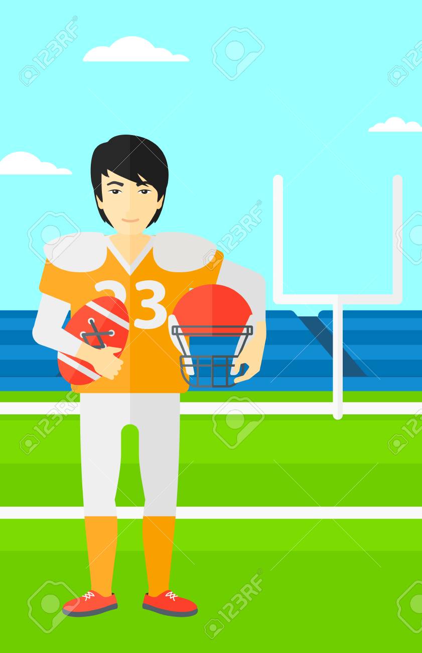 ボールとラグビー スタジアム ベクトル フラット デザイン イラストをヘルメットのアジア人男性 縦型レイアウト のイラスト素材 ベクタ Image