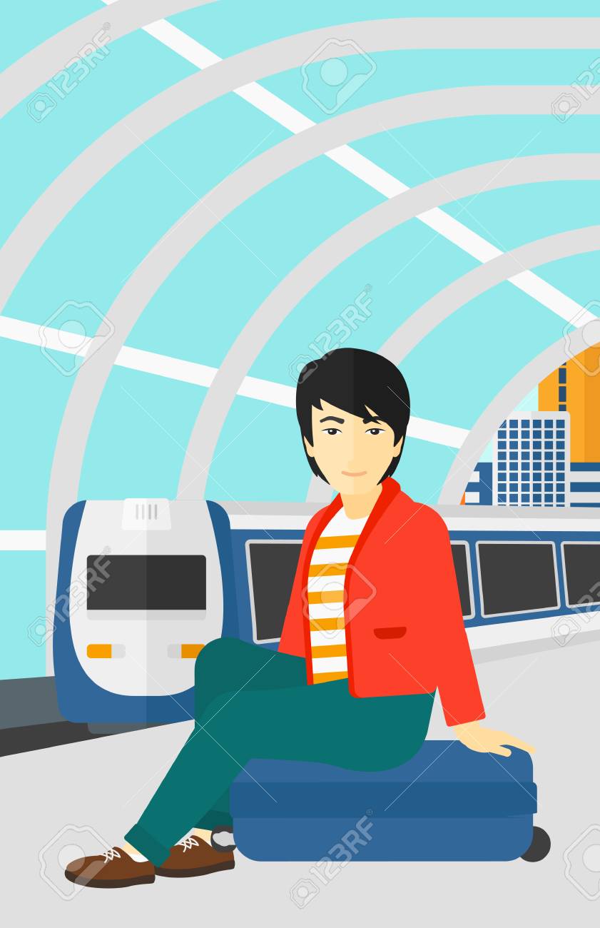 近代的な列車の到着駅ベクトルの平らな設計図の背景にプラットホームに坐っているアジア人 縦型レイアウト のイラスト素材 ベクタ Image