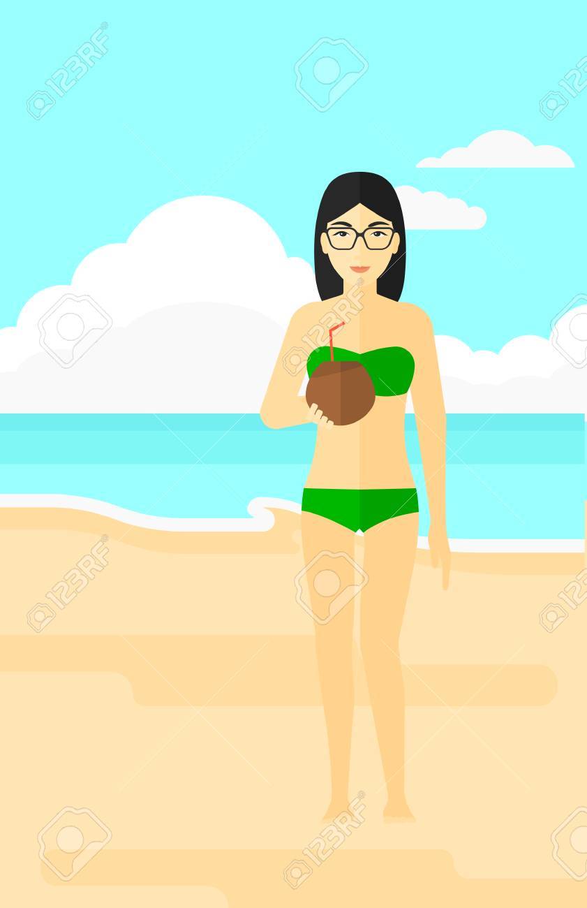 アジアの女性の砂浜青い海ベクトル フラットなデザインのイラストの背景にココナッツ ミルクを飲みます 縦型レイアウト のイラスト素材 ベクタ Image