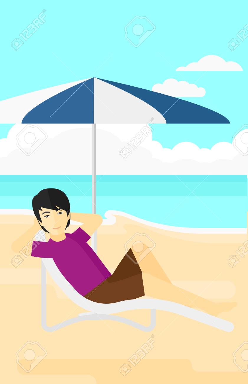 砂浜青い海ベクトル フラット デザイン イラストの背景の傘の下で長椅子に座っているアジア人男性 縦型レイアウト のイラスト素材 ベクタ Image