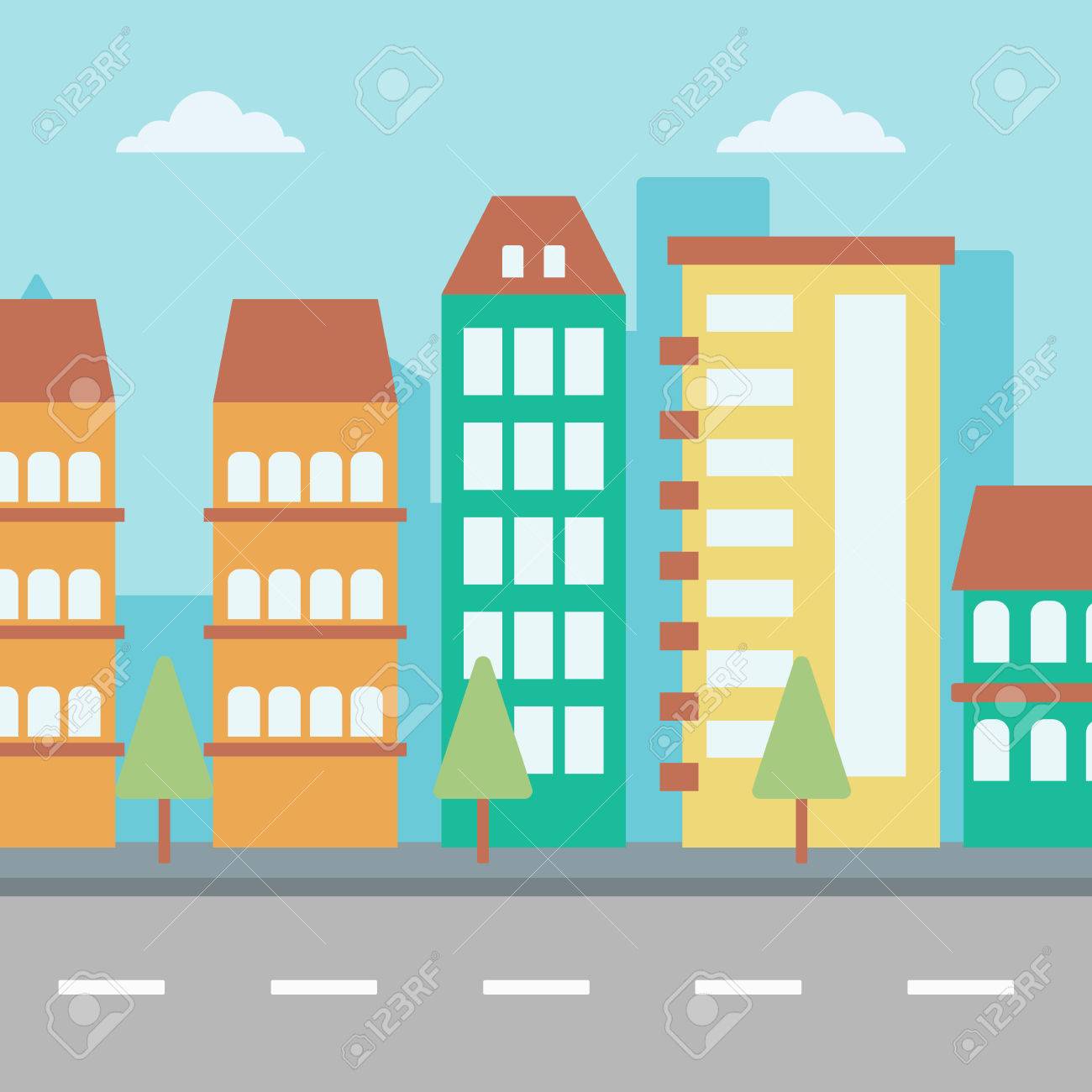 近代的な都市と道路ベクトル フラット デザイン イラストの背景