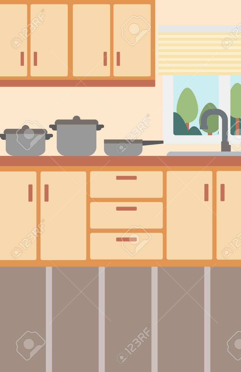 キッチンにはキッチン用品ベクトル フラット設計図の背景 縦型レイアウト のイラスト素材 ベクタ Image