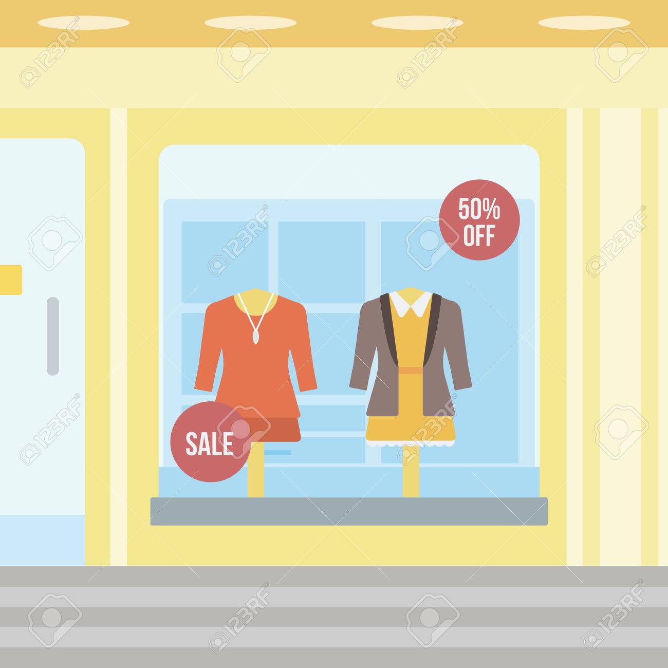 服を着たマネキン ベクトル フラット デザイン イラスト女性ブティックのウィンドウの背景 正方形のレイアウト のイラスト素材 ベクタ Image