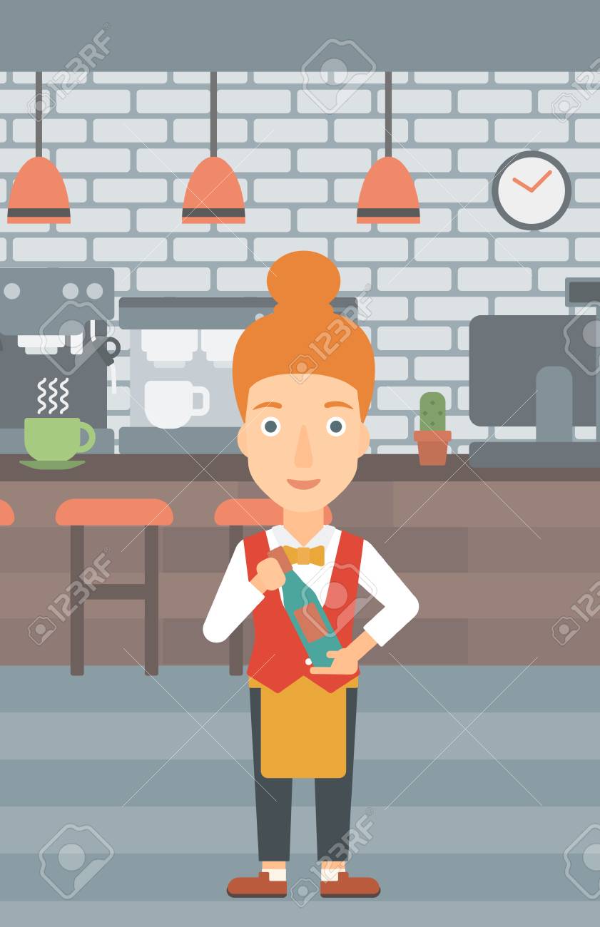 カフェ ベクトル フラットなデザインのイラストの背景に手でボトルを保持しているウェイトレス 縦型レイアウト のイラスト素材 ベクタ Image 56187175
