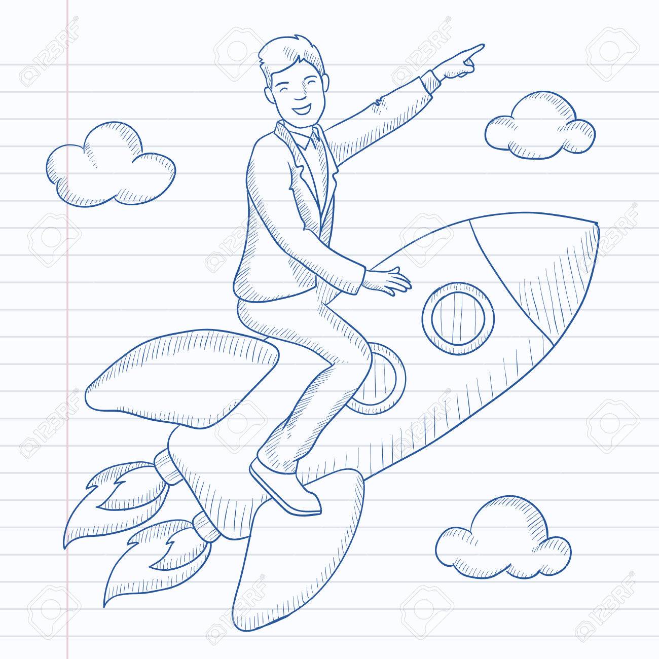 人間ロケットで飛んで 彼の人差し指を上向きします 手描きベクター スケッチ イラスト 行の背景のノート のイラスト素材 ベクタ Image