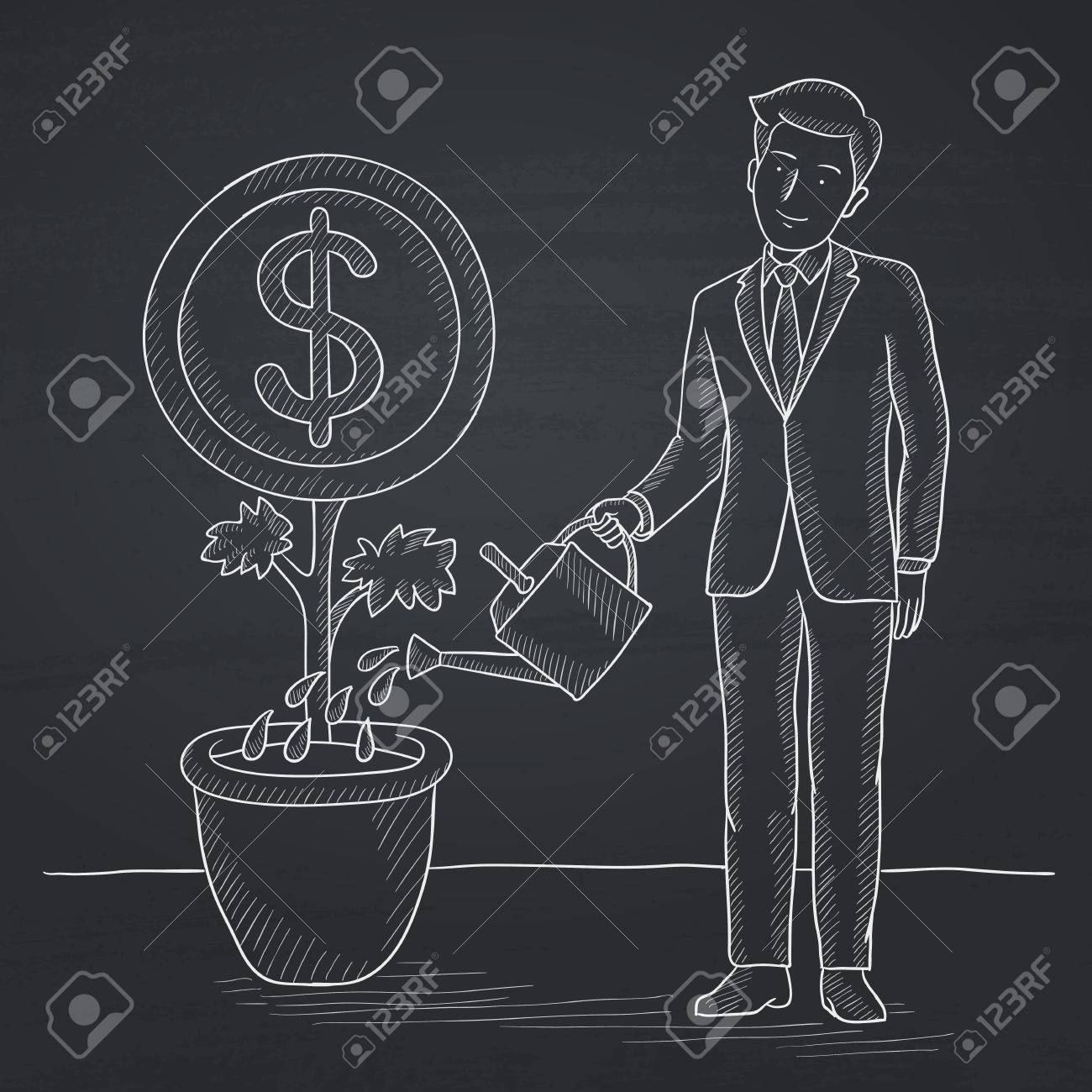 財政お金の花の水やりの世話をする男 黒板ベクター スケッチ イラストをチョークで手書き のイラスト素材 ベクタ Image