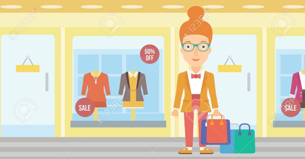 服を着たマネキン ベクトル フラット デザイン イラストのブティックのウィンドウの背景にバッグを持つ女性 水平方向のレイアウト のイラスト素材 ベクタ Image 5652