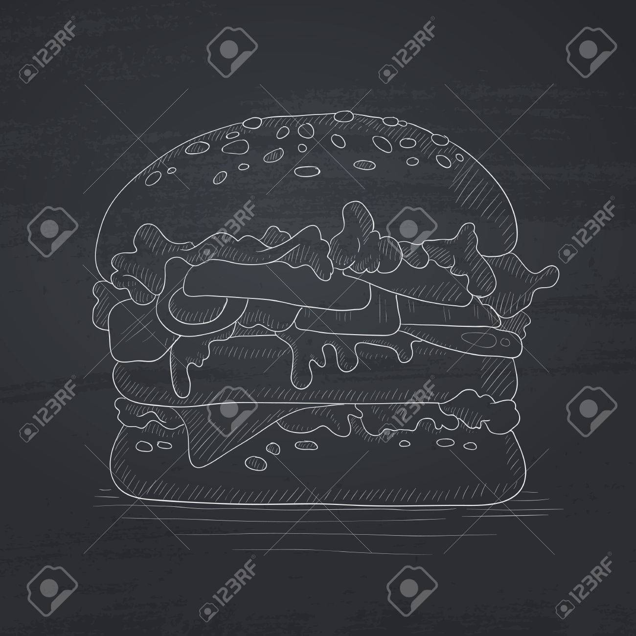 ハンバーグ肉 チーズ レタス 黒板にチョークで描かれたハンバーガー手 ハンバーガー ベクター スケッチ イラスト のイラスト素材 ベクタ Image 57009363