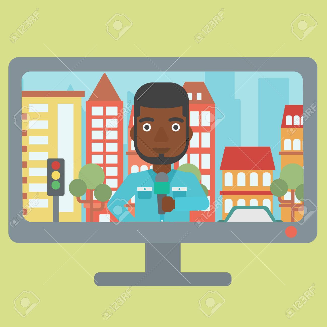 テレビ都市背景ベクトル フラット デザイン イラストをアフリカ系アメリカ人記者とニュースを放送します 正方形のレイアウト のイラスト素材 ベクタ Image