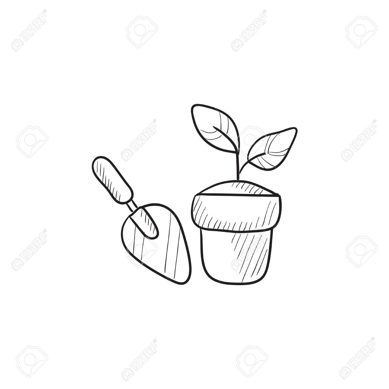 庭こてと背景に分離された植物ベクター スケッチ アイコンとポット 手描きの庭こてと植物アイコンで鍋 こてとポットの植物では インフォ グラフィック Web サイトまたはアプリケーションのアイコンをスケッチします のイラスト素材 ベクタ Image