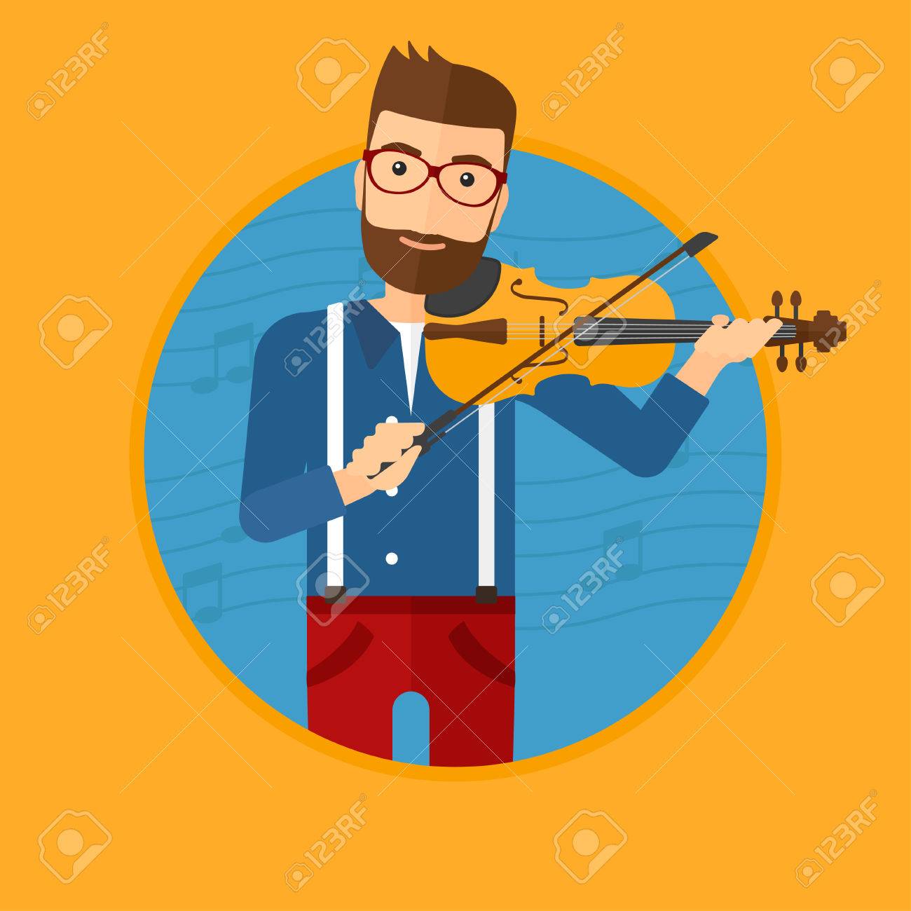 流行に敏感な男演奏ヴァイオリン ヴァイオリンでクラシック音楽の演奏のバイオリン奏者 音符と青色の背景にバイオリンを持つ男 ベクター背景に分離されたサークルでフラットなデザイン イラスト のイラスト素材 ベクタ Image