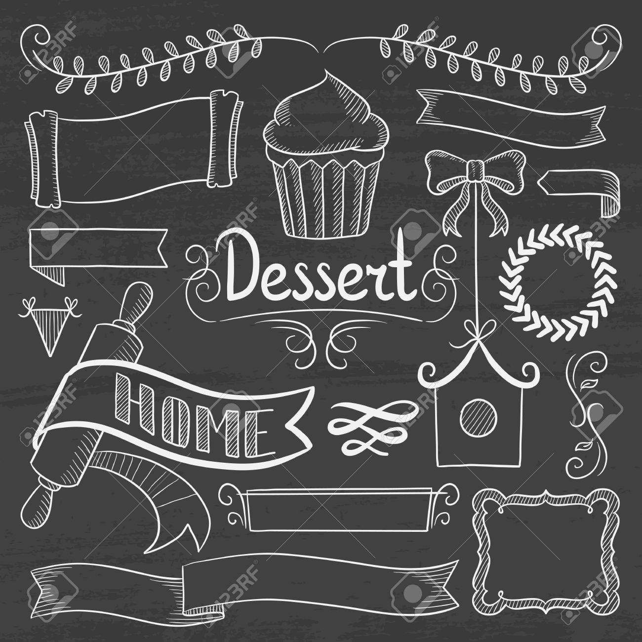 set of vintage labels ribbons frames banners and advertisements chalk menu board