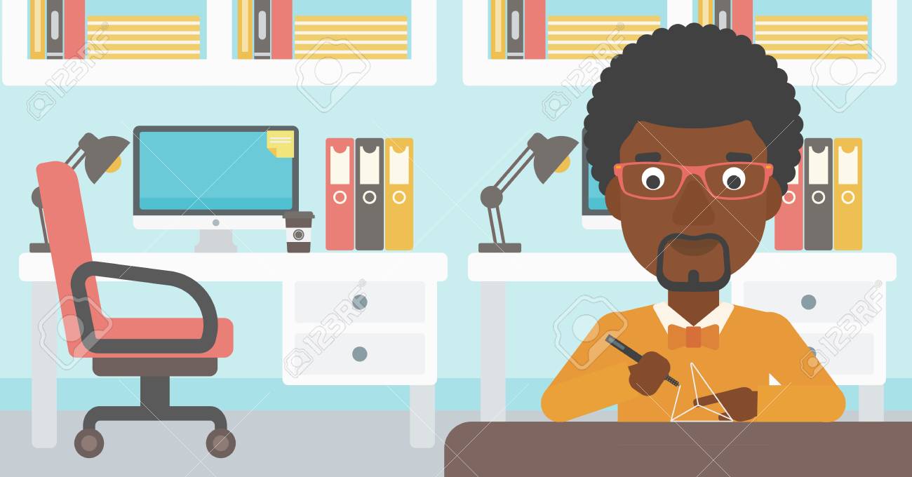 Un Homme Afro Américain Faisant Un Modèle Avec Un Stylo 3d Man Dessin Forme Géométrique Par 3d Stylo Homme Travaillant Avec Un 3d Stylo Vector