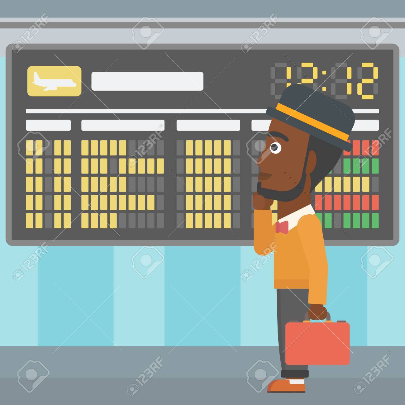 空港で出発板を見てブリーフケースを持つアフリカ系アメリカ人男 旅客空港出発ボード前に立っています ベクトル フラットなデザイン イラスト 正方形のレイアウト のイラスト素材 ベクタ Image 5963