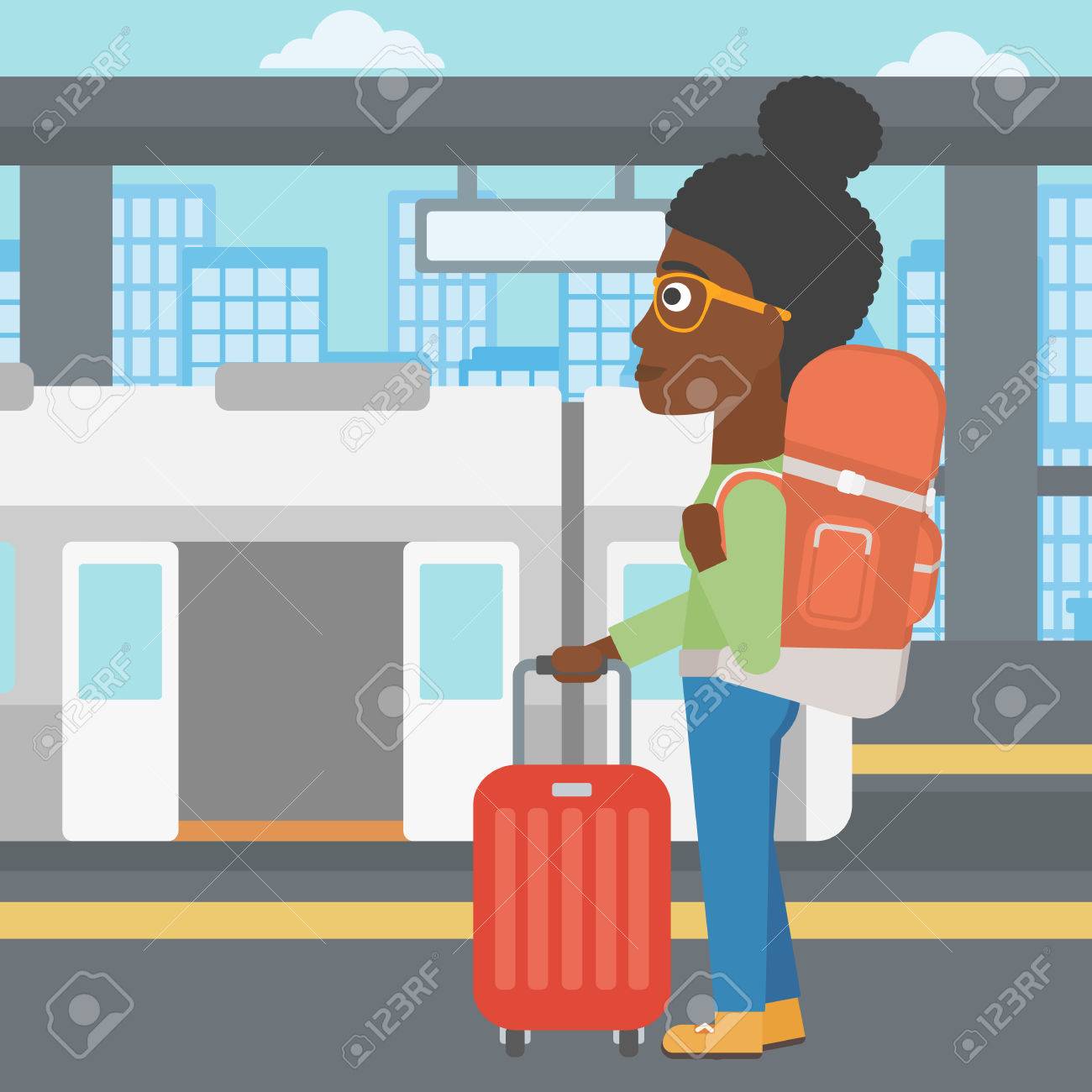 扉を開くと電車の背景に駅に立っているアフリカ系アメリカ人の女性 スーツケースを列車を待っていると若い女性 ベクトル フラットなデザイン イラスト 正方形のレイアウト のイラスト素材 ベクタ Image