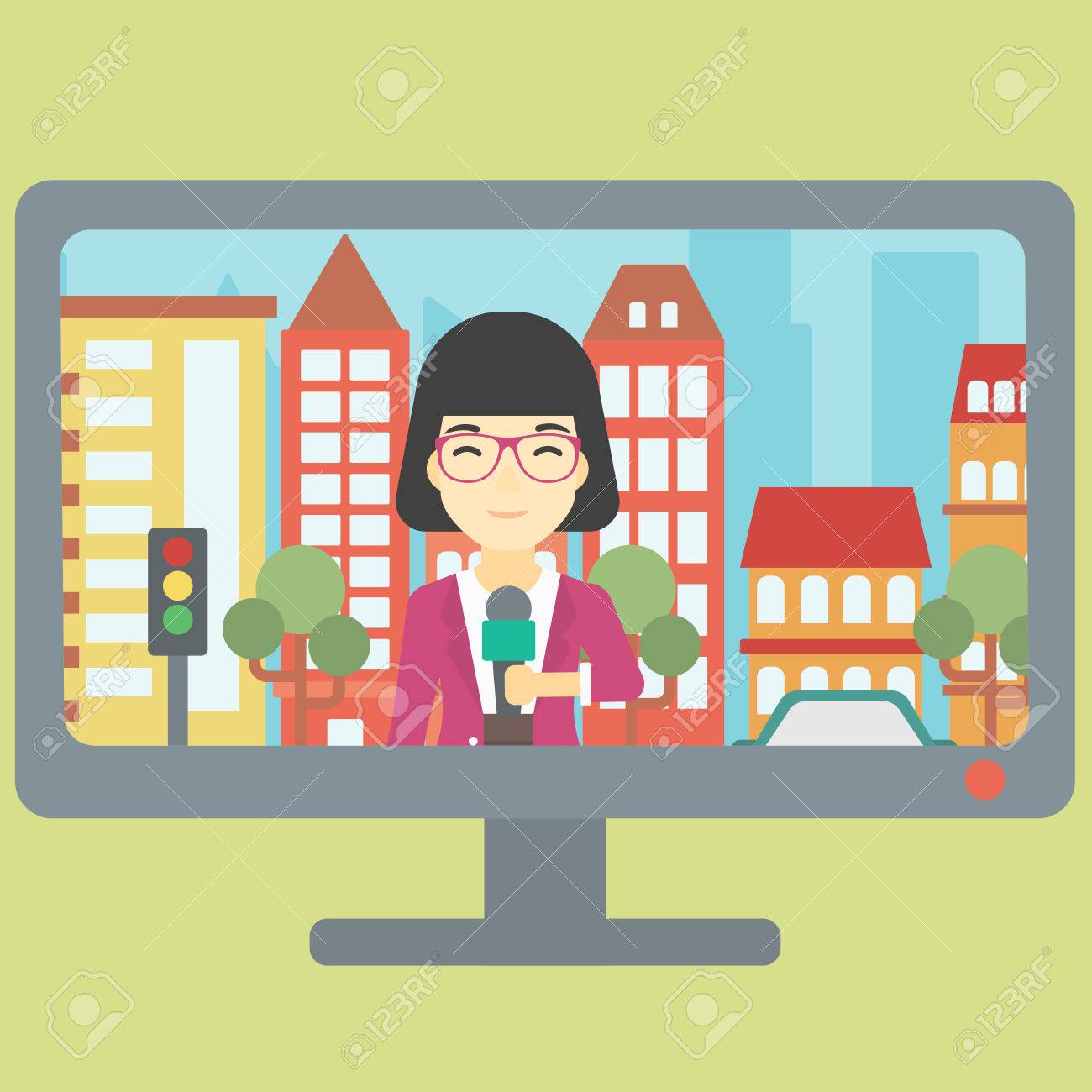 Television Set Broadcasting The News With An Asian Reporter On A City Background Vector Flat Television Set Broadcasting The News With An Asian Reporter On A City Background Vector Flat