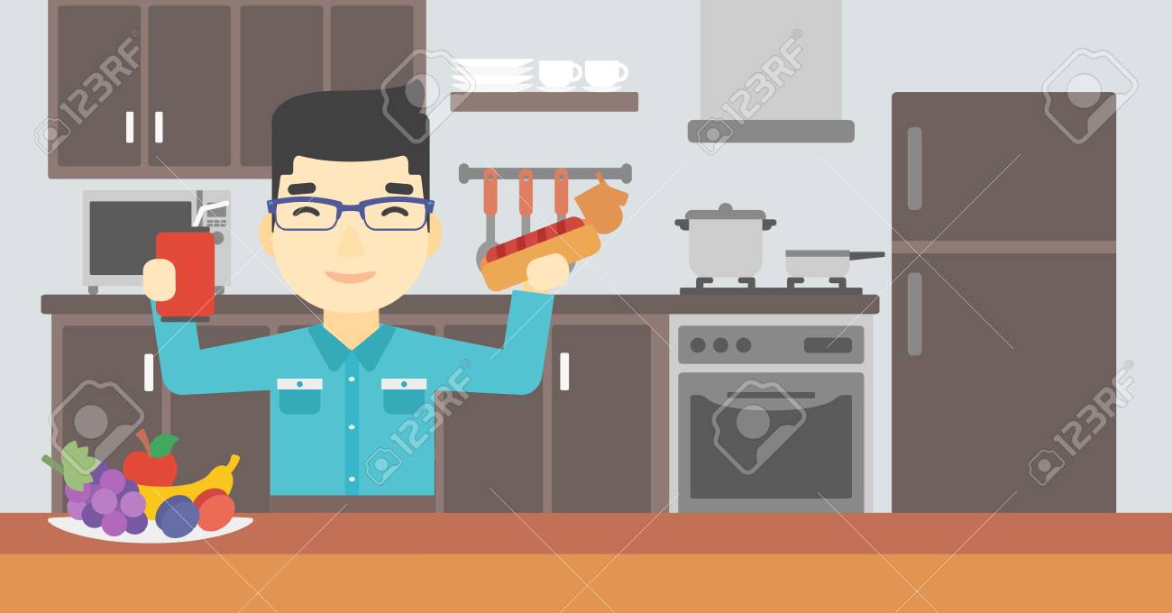 アジア人の男性を食べるファーストフード 男は台所で手でファーストフードを保持します 男はファーストフードと健康食品を選択します ベクトル フラットなデザイン イラスト 水平方向のレイアウト のイラスト素材 ベクタ Image