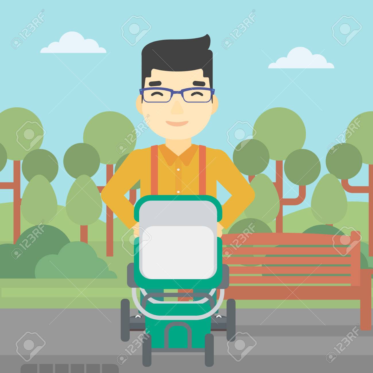 アジアの若い父親公園でベビーカーで歩きます ベビーカーで赤ちゃんを歩く父 父押すベビーカー ベクトル フラットなデザイン イラスト 正方形のレイアウト のイラスト素材 ベクタ Image