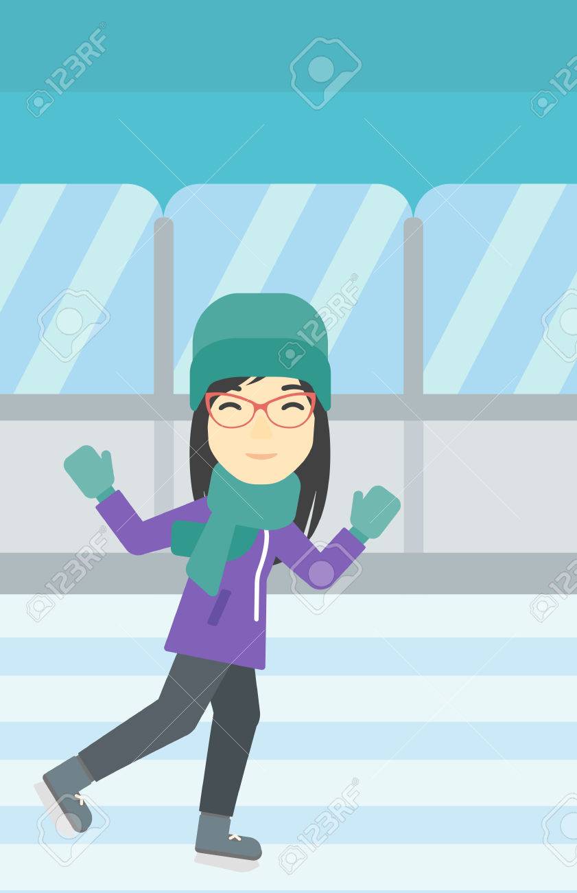 アジアの若い女性にアイス スケート屋内アイス スケート リンク スポーツとレジャーの概念 ベクトル フラットなデザイン イラスト 縦型レイアウト の イラスト素材 ベクタ Image