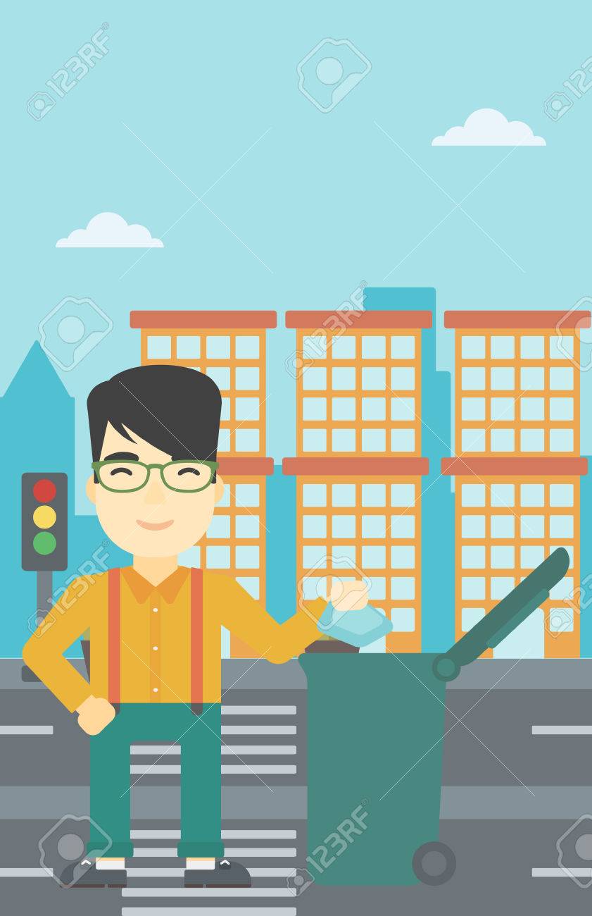 都市の緑のゴミ箱にゴミを捨て アジアの若い男 ゴミを捨てる人 環境に優しい男はゴミ箱を投げます ベクトル フラットなデザイン イラスト 縦型レイアウト のイラスト素材 ベクタ Image