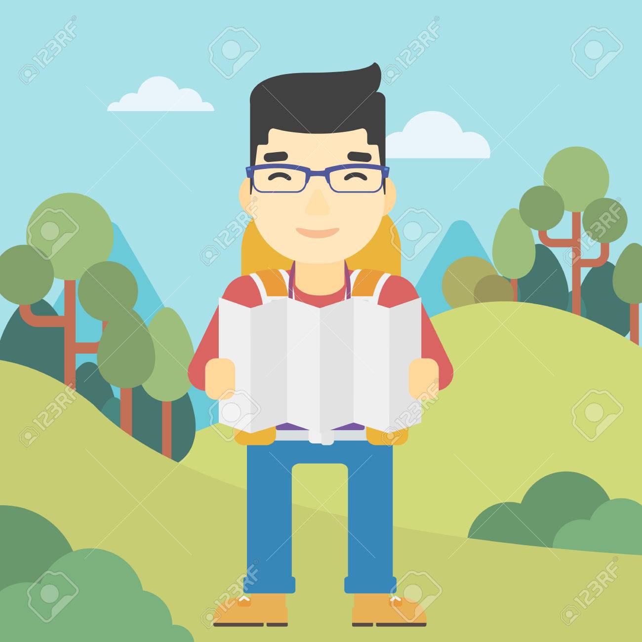 地図を見てのバックパックで旅行 山の旅アジア人男性 マップ上の右方向をお探しの旅行者 ベクトル フラットなデザイン イラスト 正方形のレイアウト のイラスト素材 ベクタ Image