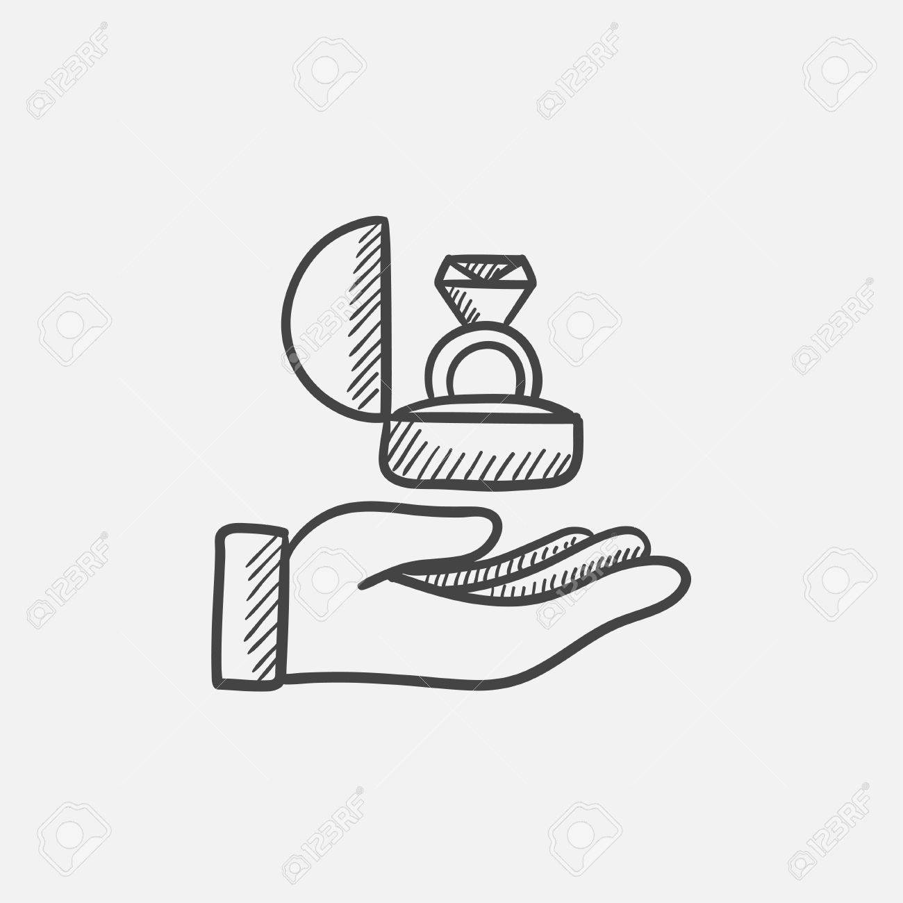 Mano Que Sostiene La Caja De Regalo Dibujo Icono De Anillo De Compromiso Para Web, Móvil Y La Infografía. Aislado Vector Dibujado A Mano Icono. Ilustraciones Svg, Vectoriales, Clip Art Vectorizado