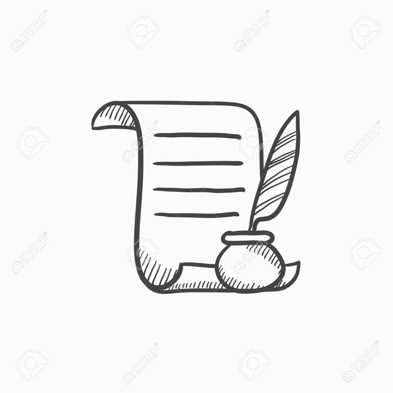 Paper Scroll With Feather Pen Vector Sketch Icon Isolated On