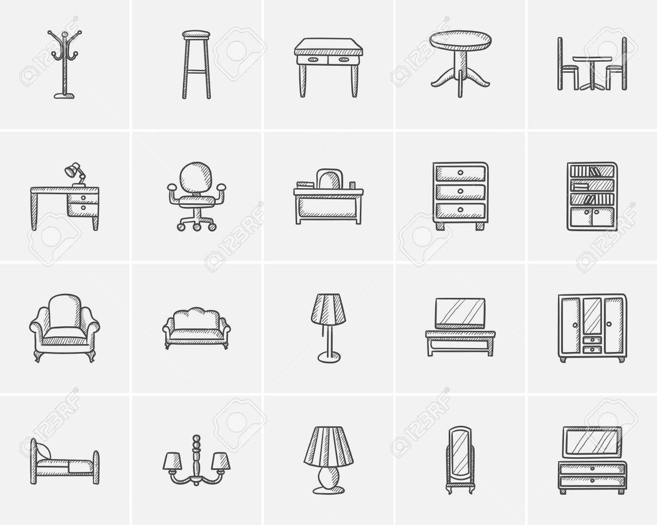 Dibujo Icono De Muebles Para Web, Móvil Conjunto De La Mano Muebles Icono Dibujado. Conjunto De Los Muebles Icono Del Vector. Muebles Icono De Conjunto Aislado Sobre Fondo Blanco.