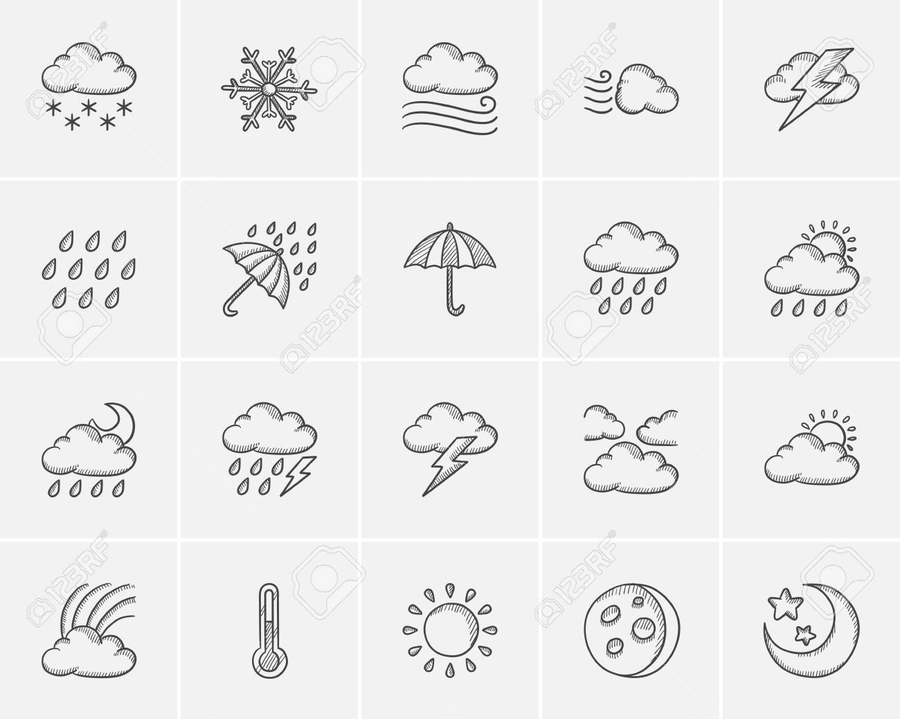 天気予報は Web モバイルのためのアイコン セットとインフォ グラフィックをスケッチします 手描きの天気アイコンを設定 天気ベクトルのアイコン を設定します 天気アイコンは 分離の白い背景を設定します のイラスト素材 ベクタ Image