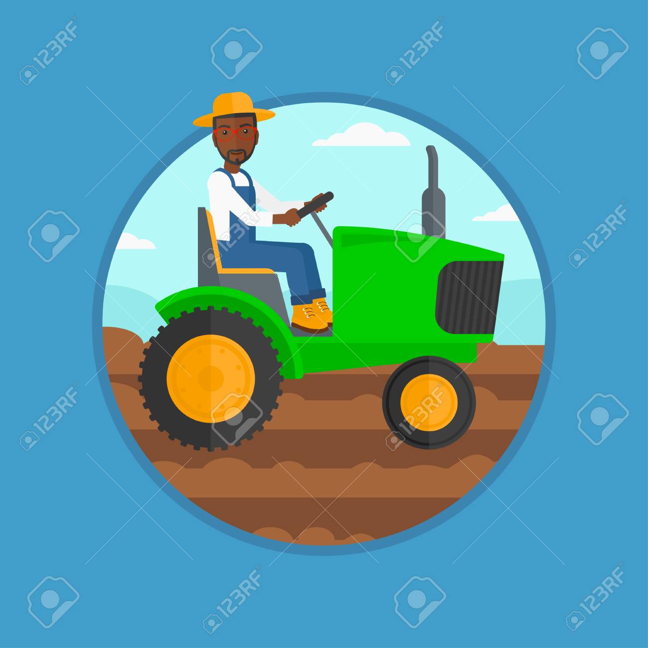 畑を耕すためのトラクターを使用してアフリカ系アメリカ人の男 若い農夫夏帽子のトラクターを運転します トラクターは 土地の準備です ベクター背景に分離されたサークルでフラットなデザイン イラスト のイラスト素材 ベクタ Image