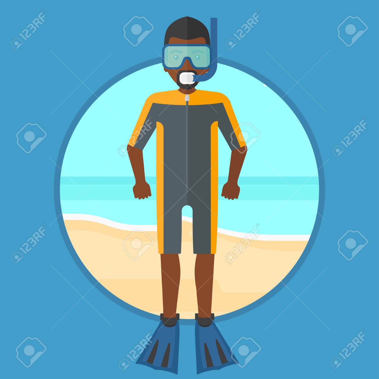ダイビング スーツ 足ひれ マスク ビーチに立っている管で アフリカ系アメリカ人のスキューバ ダイビングのダイバー 若い男は シュノーケ リングを楽しんでします ベクター背景に分離されたサークルでフラットなデザイン イラスト のイラスト素材 ベクタ Image