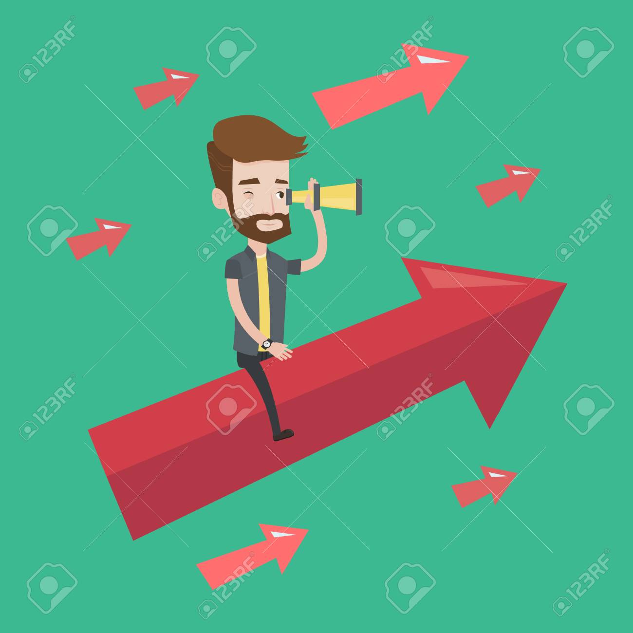 流行に敏感な若いビジネスマン 小型望遠鏡を通して見る矢印の上に座って 事業ビジョンとビジネス成長のため前方に移動の概念 ベクトル フラットなデザイン イラスト 正方形のレイアウト のイラスト素材 ベクタ Image