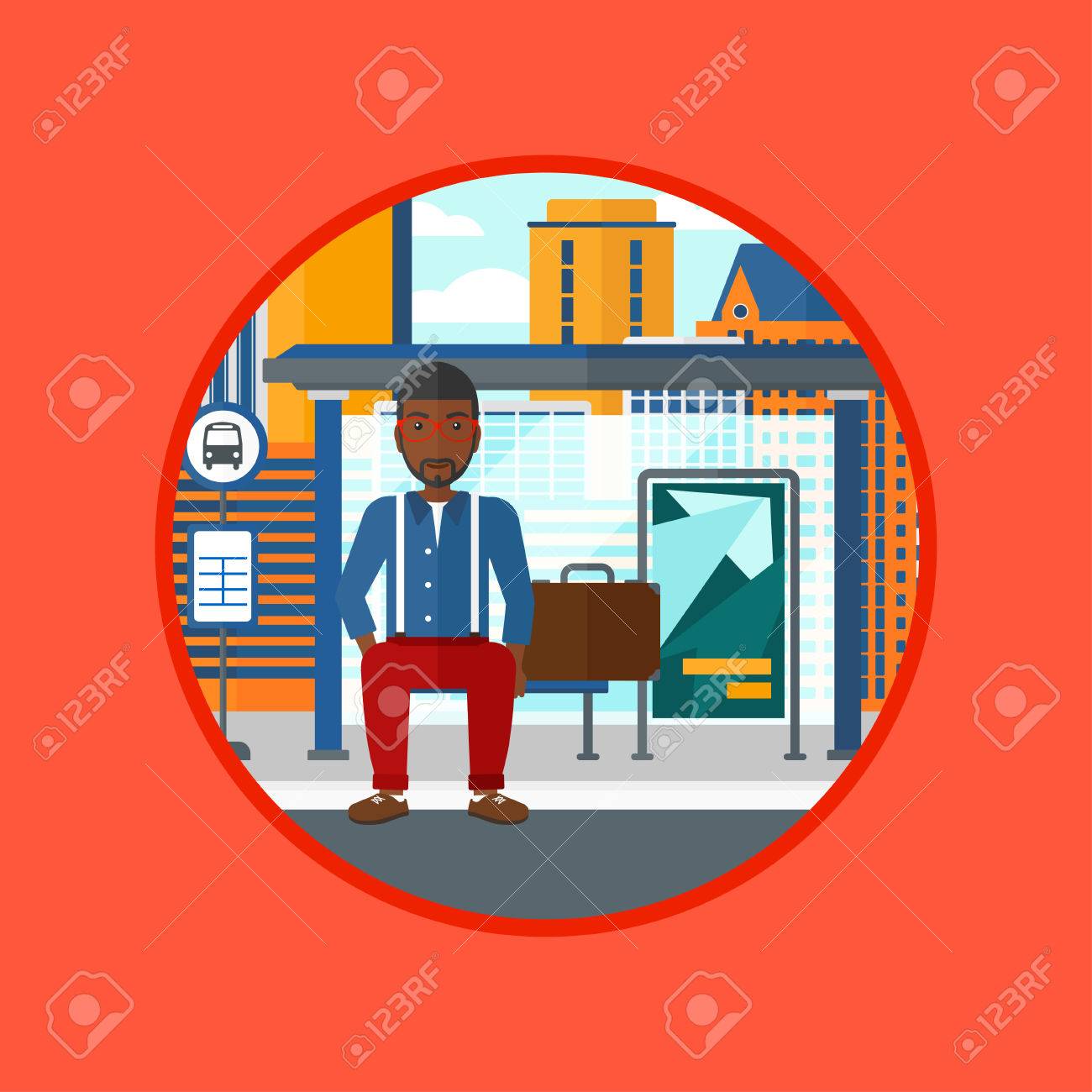 都市の背景にバス停でバスを待っているアフリカ系アメリカ人の男 若者の街の通りでバス停で座っています ベクター背景に分離されたサークルでフラットなデザイン イラスト のイラスト素材 ベクタ Image