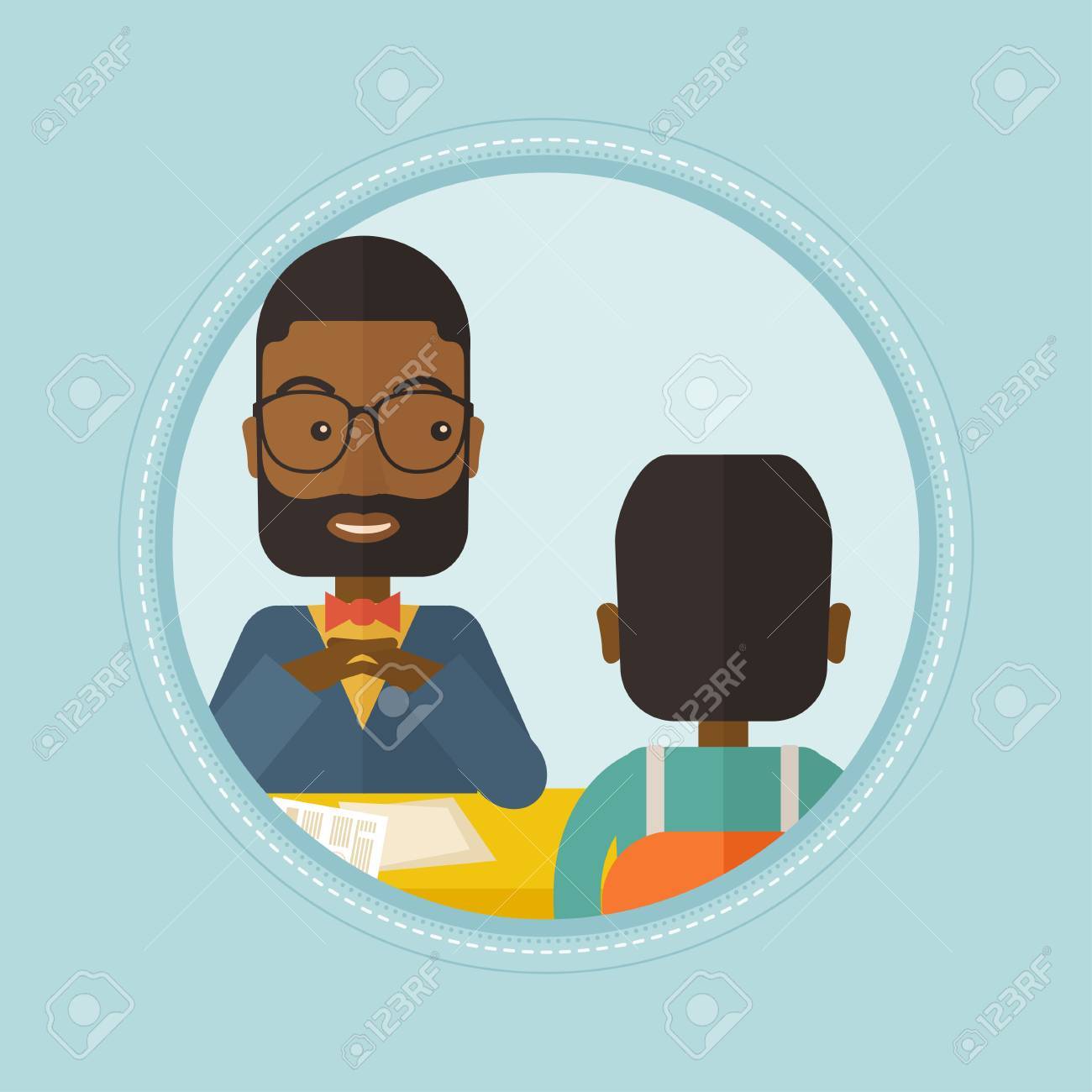 求職者と話しているアフリカ系アメリカ人の人間のリソース マネージャー 位置に就職の面接中に求職者 赤の背景に分離されたサークルでベクトル フラットなデザイン イラスト のイラスト素材 ベクタ Image 64998096