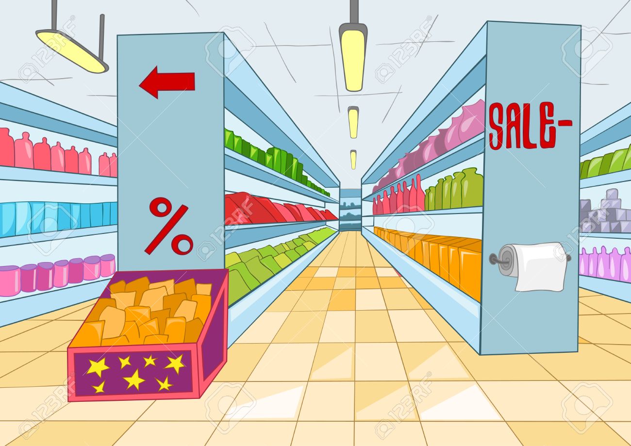 Hand Gezeichnete Karikatur Supermarkt Interieur Bunte Karikatur Hintergrund Der Lebensmittelgeschaft Mit Warenregalen Cartoon Hintergrund Der Supermarktgange Karikatur Von Supermarkt Regale Mit Waren Lizenzfreie Fotos Bilder Und Stock Fotografie