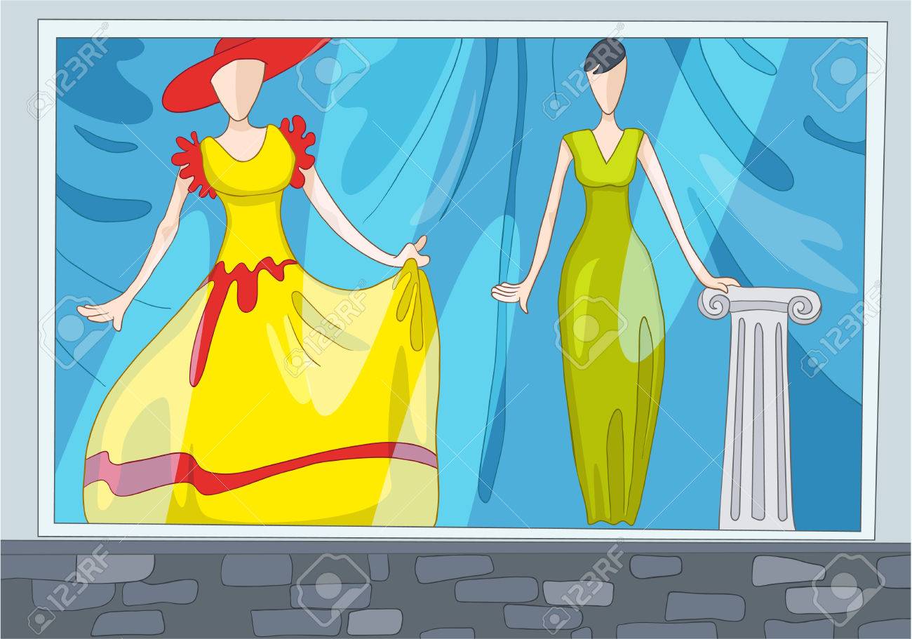 hand drawn cartoon of clothes shop colourful cartoon background