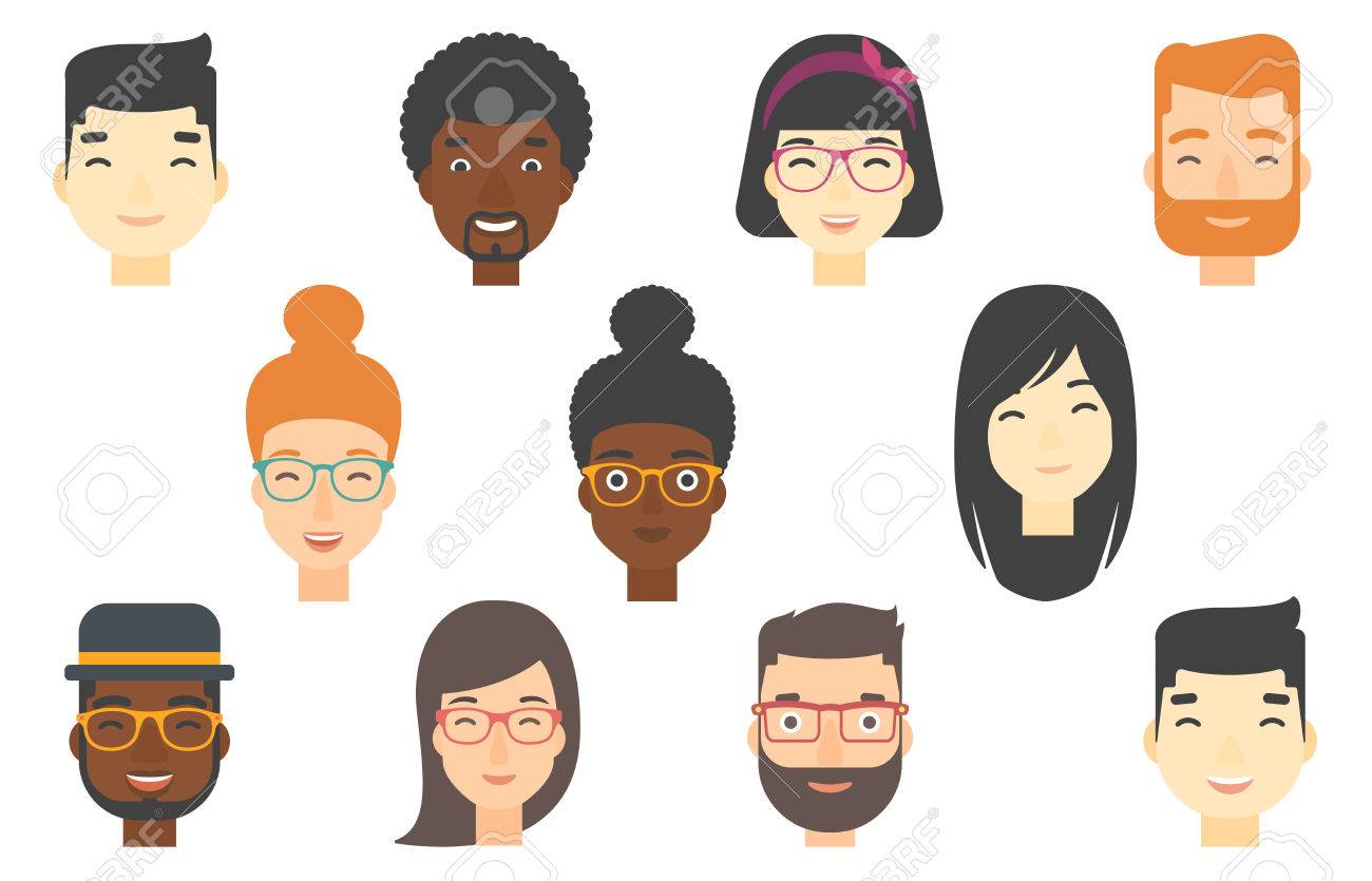 肯定的な感情を表現する人間の顔のセットです 顔広い笑顔を 幸せな表情を持つ陽気な人々 のセットです ベクトル フラットなデザインのイラスト が白い背景で隔離 のイラスト素材 ベクタ Image