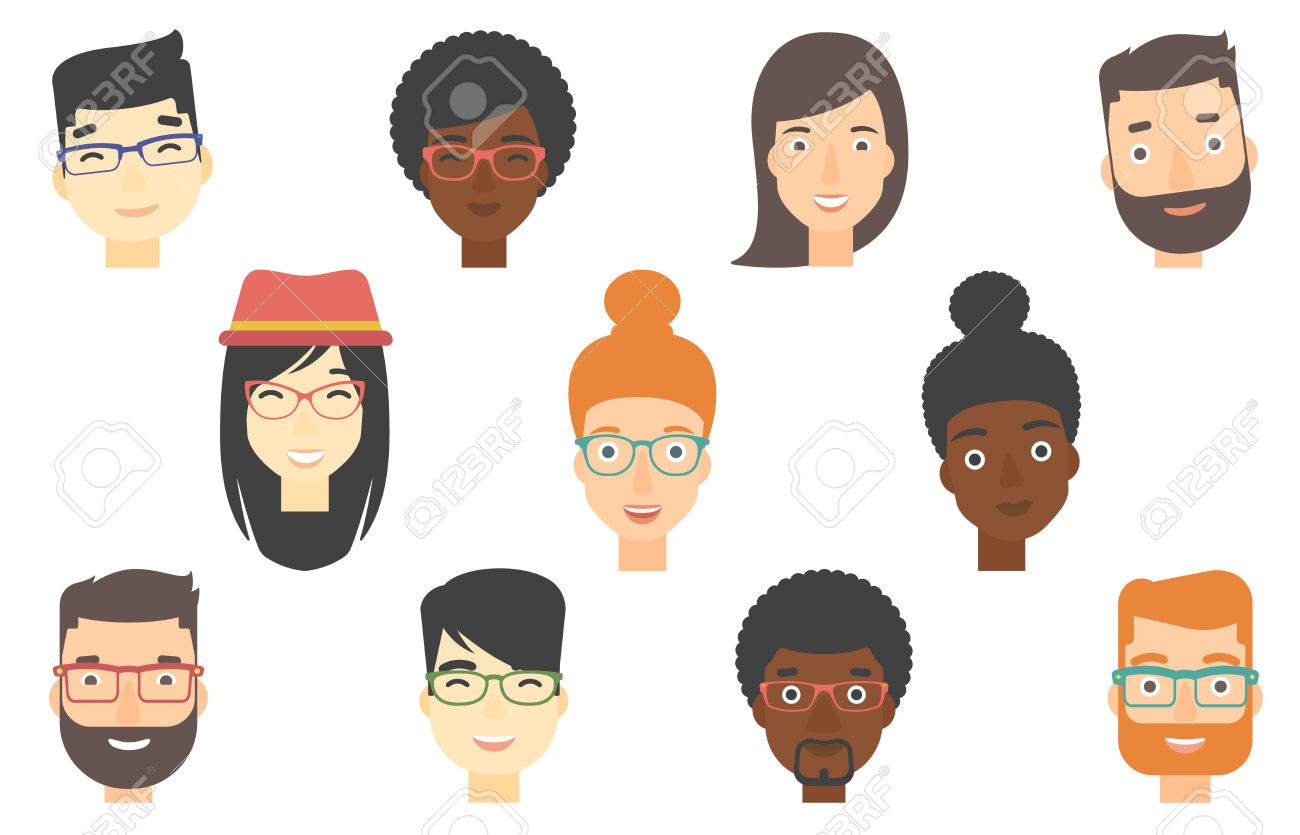 肯定的な感情を表現する人間の顔のセットです 顔広い笑顔を 幸せな表情を持つ陽気な人々 のセットです ベクトル フラットなデザインのイラスト が白い背景で隔離 のイラスト素材 ベクタ Image