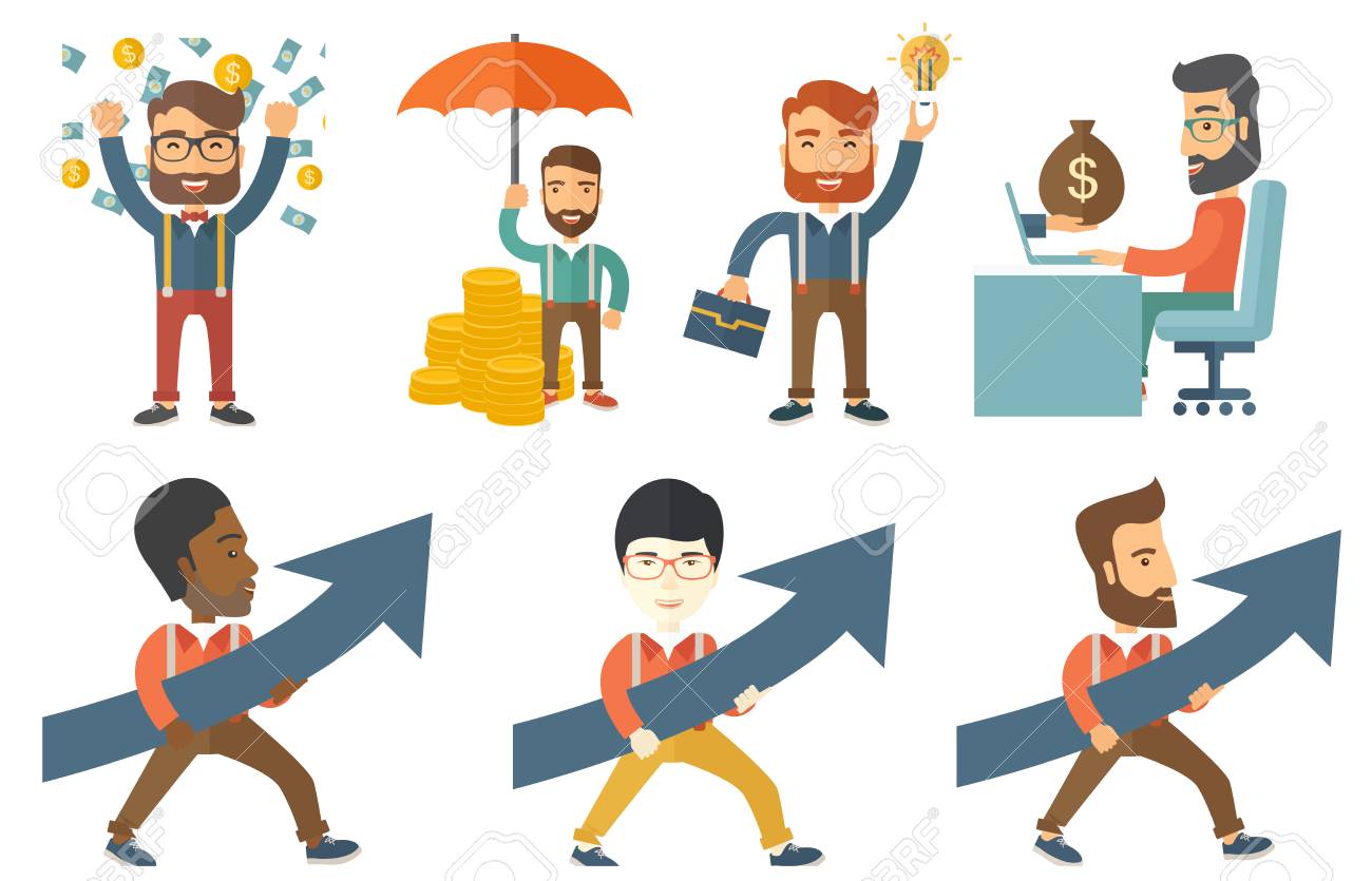 実業家のビジネスの成長戦略について考えます ビジネスマンは ビジネスの成長を表す矢印を保持しています ビジネス成長の概念 白い背景に分離されたベクトルの イラストのセット のイラスト素材 ベクタ Image
